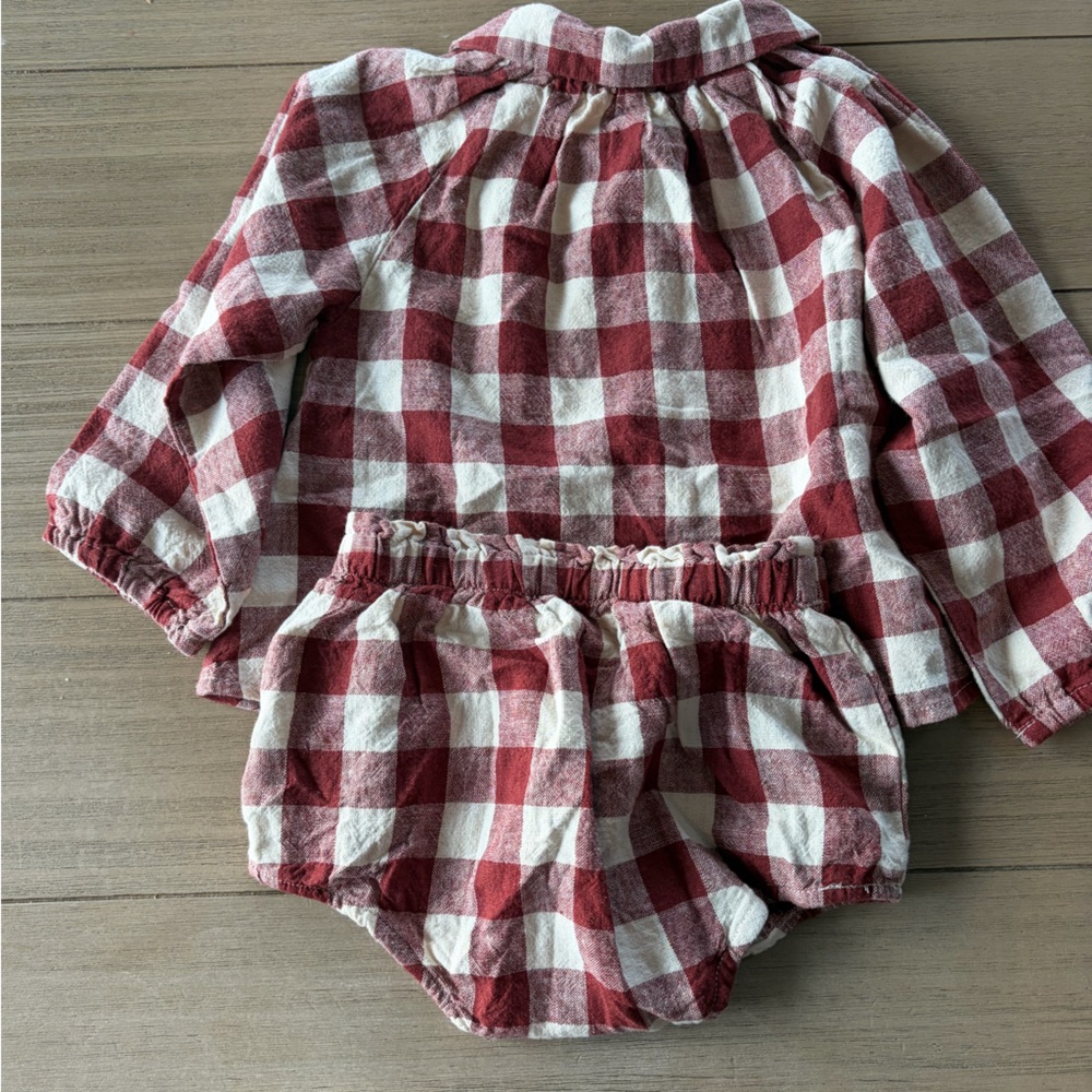 Rylee + Cru Burgundy and Cream Checkered Shirt and bloomers set, linen 2-3y - Picture 7 of 7